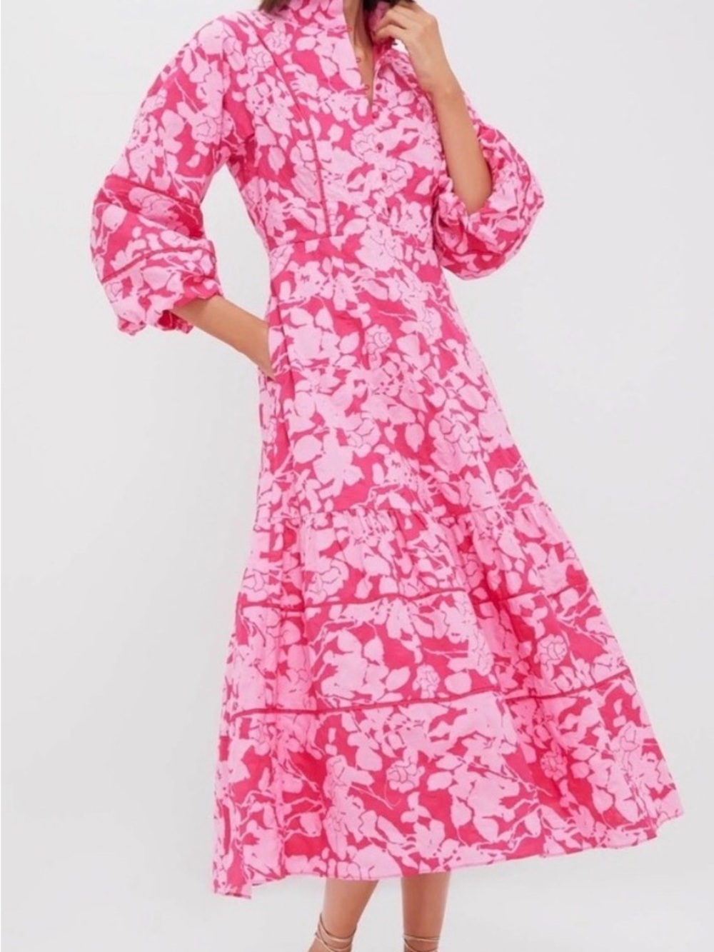Pink Floral Midi Dress - Puff Sleeve Tiered Silhouette